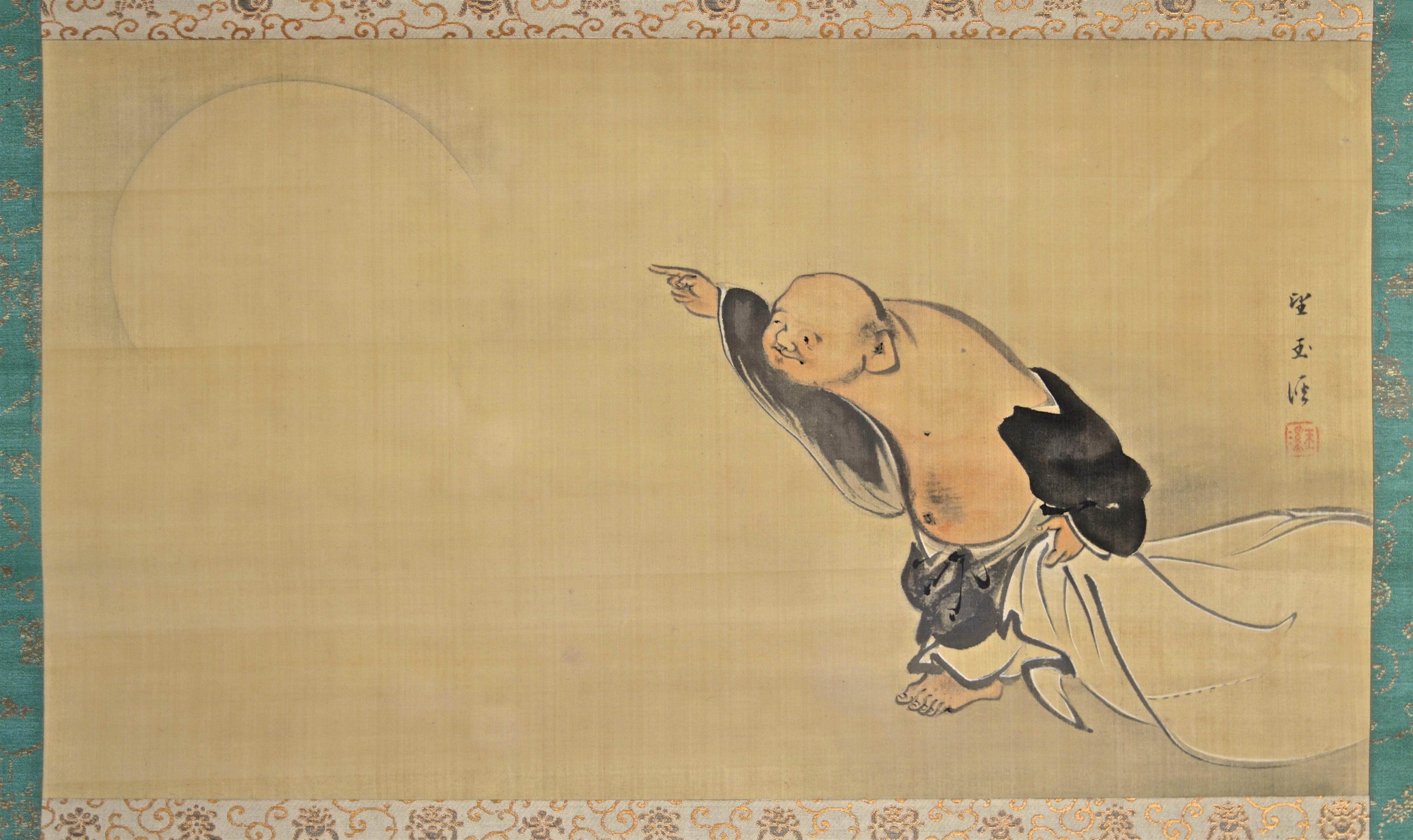 Mochizuki Gyokkei, fifth heir of the Gyokusen painting tradition (also just known as 'Kyoto school'), did not only excel in the natural rendition of flowers and animals but in figure paintig as well - as this Fine example shows. In an unusal