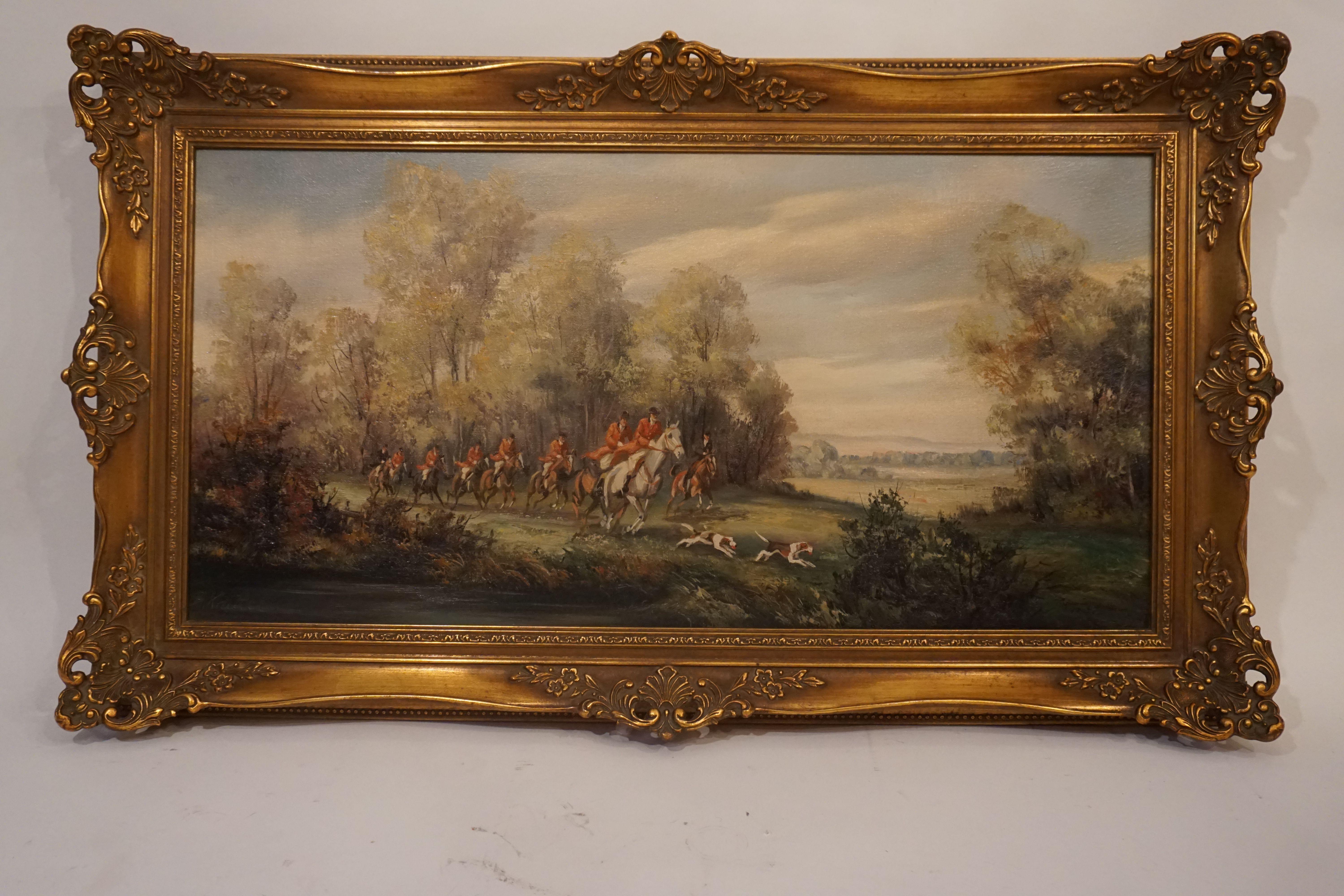 Paintings hunting motive Par force Hunt Bruno Krauel 1907 Berlin oil painting on canvas painted with fine wood frame in good condition.