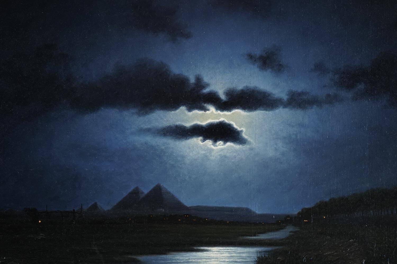 Painting in oil on canvas of Chimchidjam Haig, Le Caire, circa 1925. The Pyramids of the clear night.
Measures: Toile: H 48cm, L 80cm
Cadre: H 63cm, L 93cm, P 4cm.