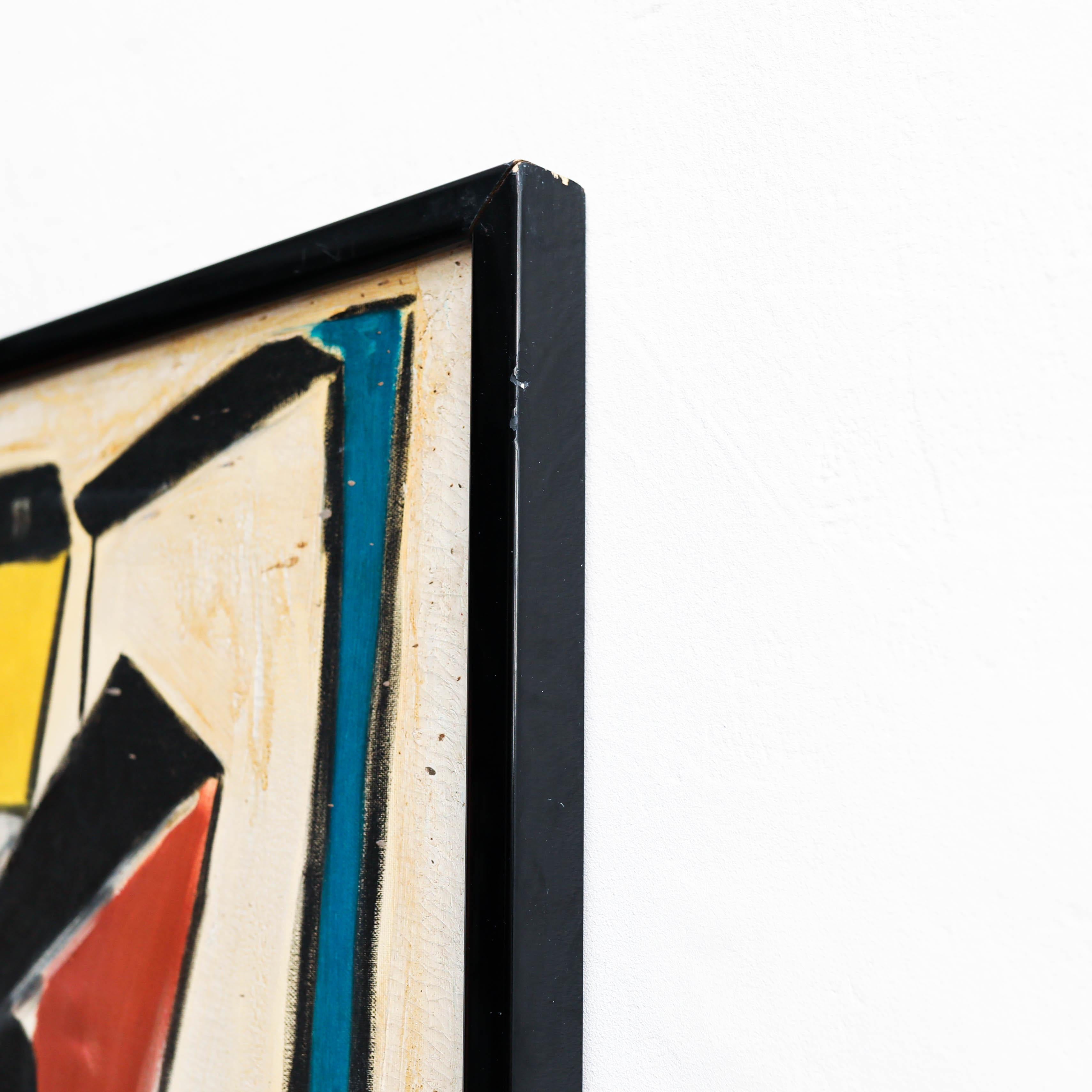Mid-Century Modern Painting in Colors in the Style of Fernand Leger Painted on Canvas, circa 1970 For Sale