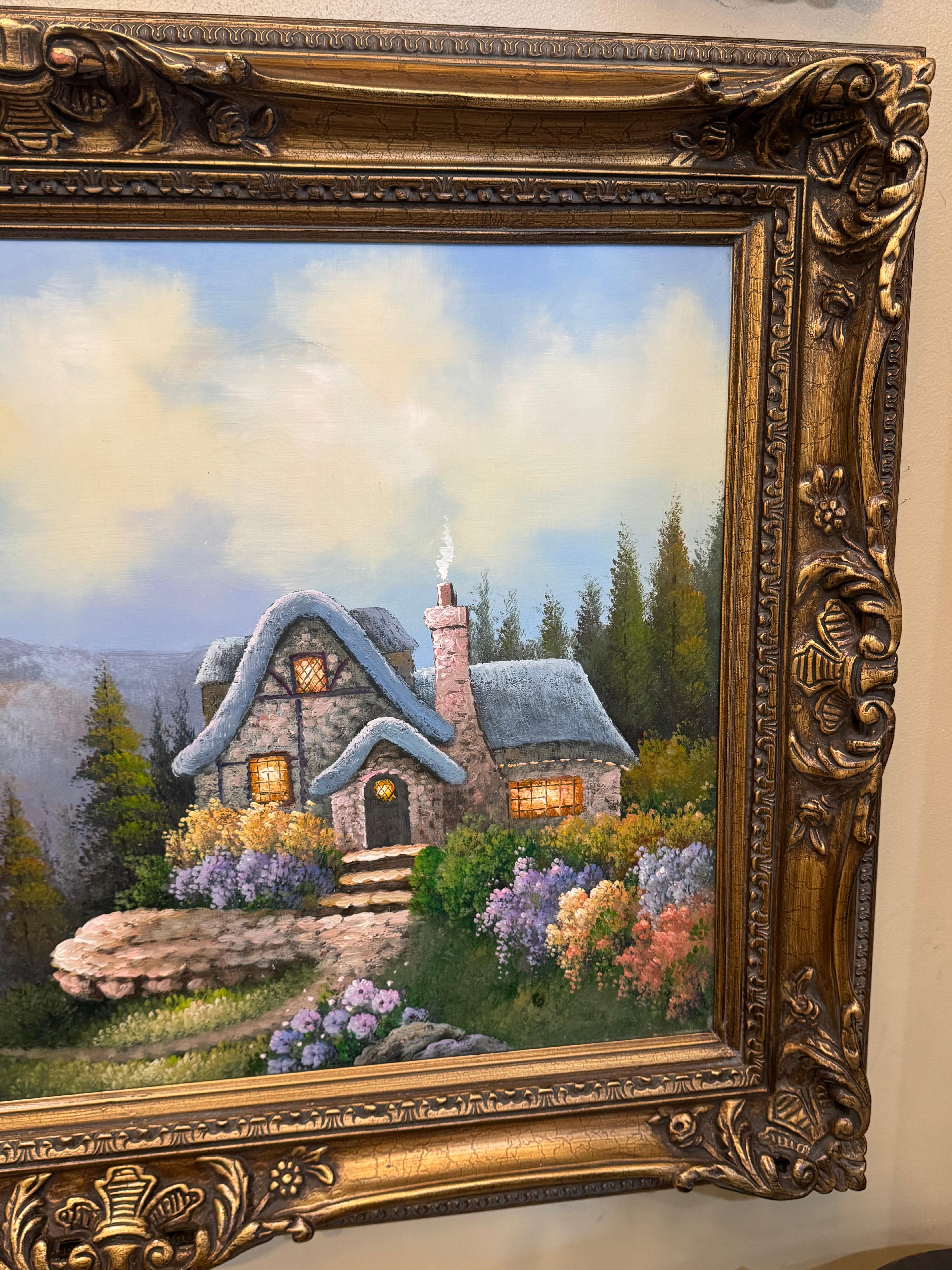 Pintura inspirada en Thomas Kinkade título cabaña dulce 111 clásico estadounidense en venta