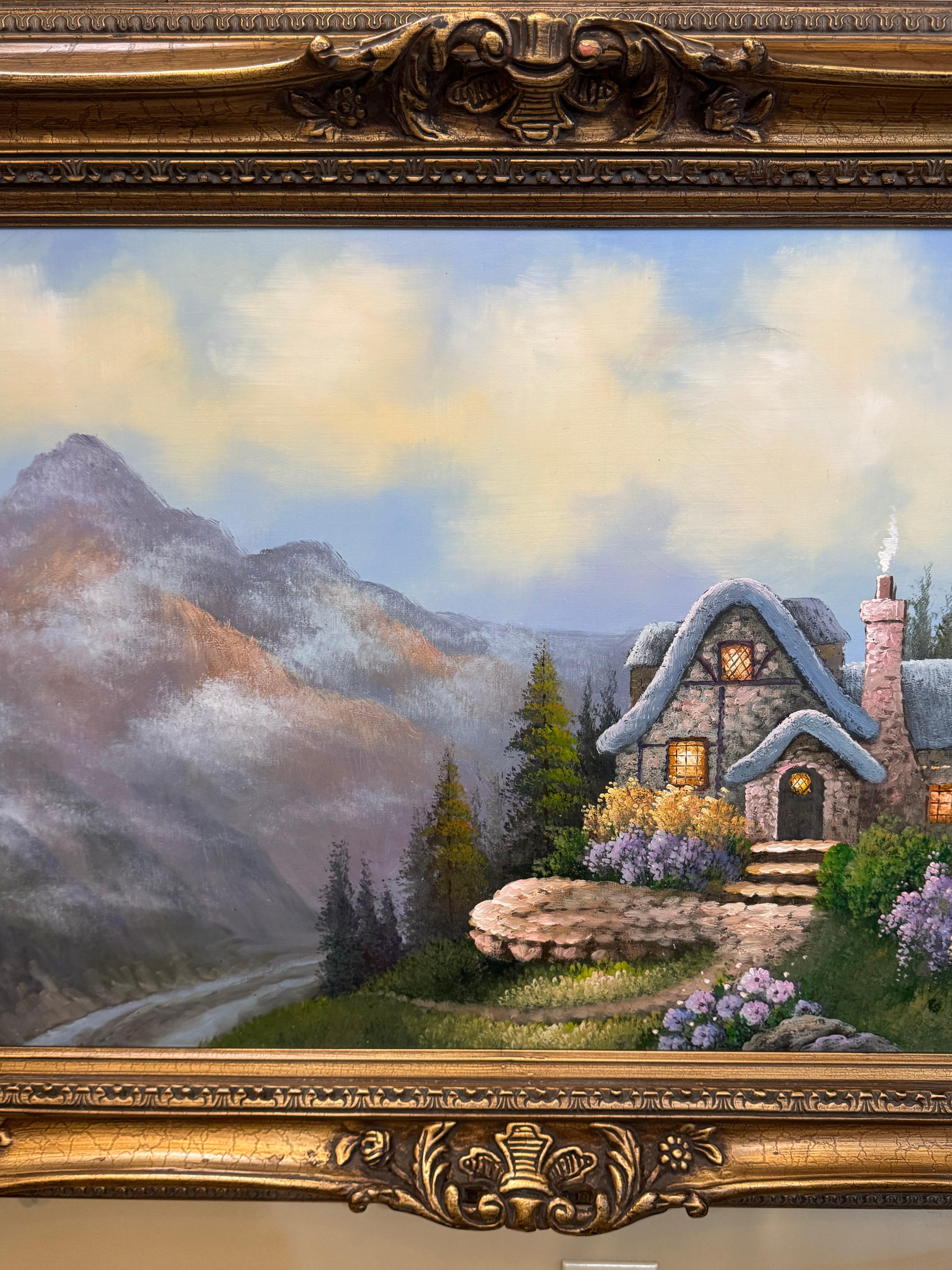 Pintura inspirada en Thomas Kinkade título cabaña dulce 111 Estadounidense en venta