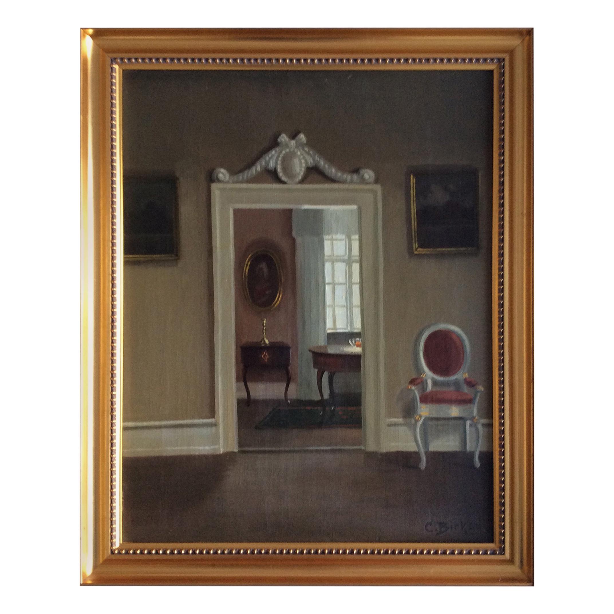 Painting Interior from Livingroom Signed C.Birkso For Sale
