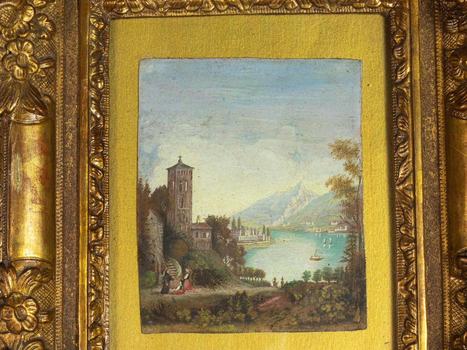 Wood Painting Lake Garda Italian School 18th Century For Sale