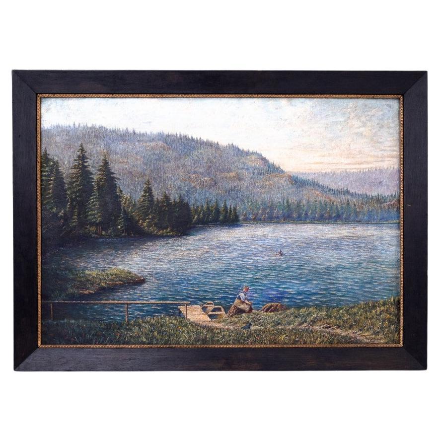 Peinture Paysage par le lac dans un cadre en bois, XXe siècle.
