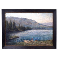 Quadro "Paesaggio sul lago" in cornice di legno, XX secolo.