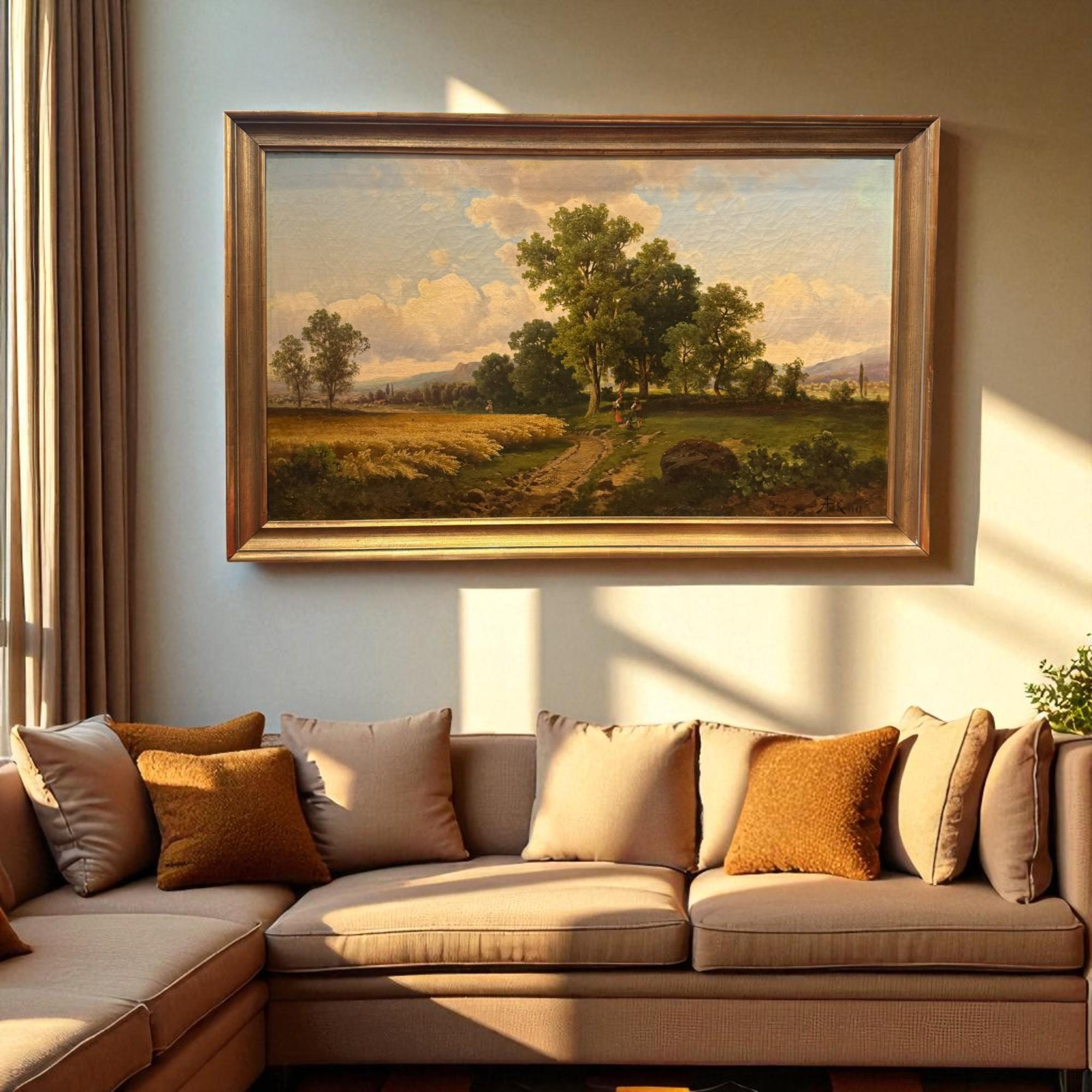 Un bellissimo paesaggio di campagna, olio su tela, che raffigura alberi, un sentiero e un campo dorato sotto un cielo luminoso. Firmato e datato nell'angolo inferiore destro. Incorniciato e in buone condizioni.

Il dipinto è firmato da A. Pick, un