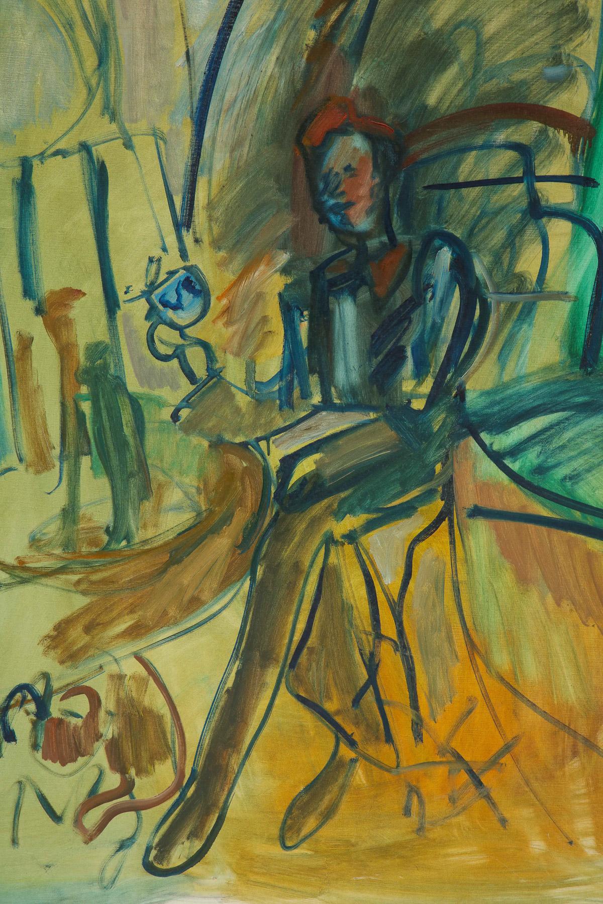 Large green, mid-century painting with a sitting person, circa 1960.