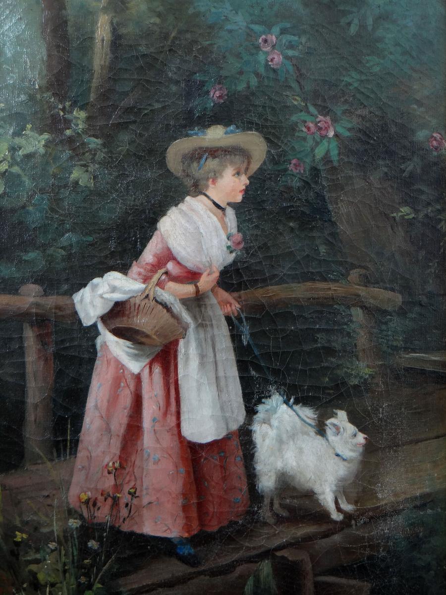 French Painting, Late 19th Century Depicting a Young Woman and Her Dog, 1886 For Sale