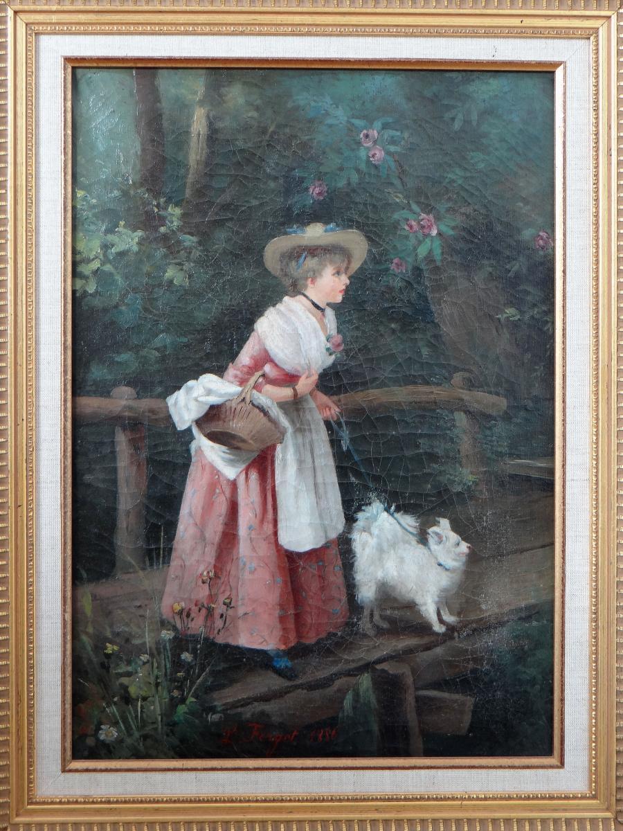Painting, Late 19th Century Depicting a Young Woman and Her Dog, 1886 In Good Condition For Sale In Tours, FR