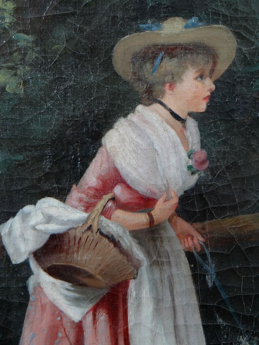 Canvas Painting, Late 19th Century Depicting a Young Woman and Her Dog, 1886 For Sale