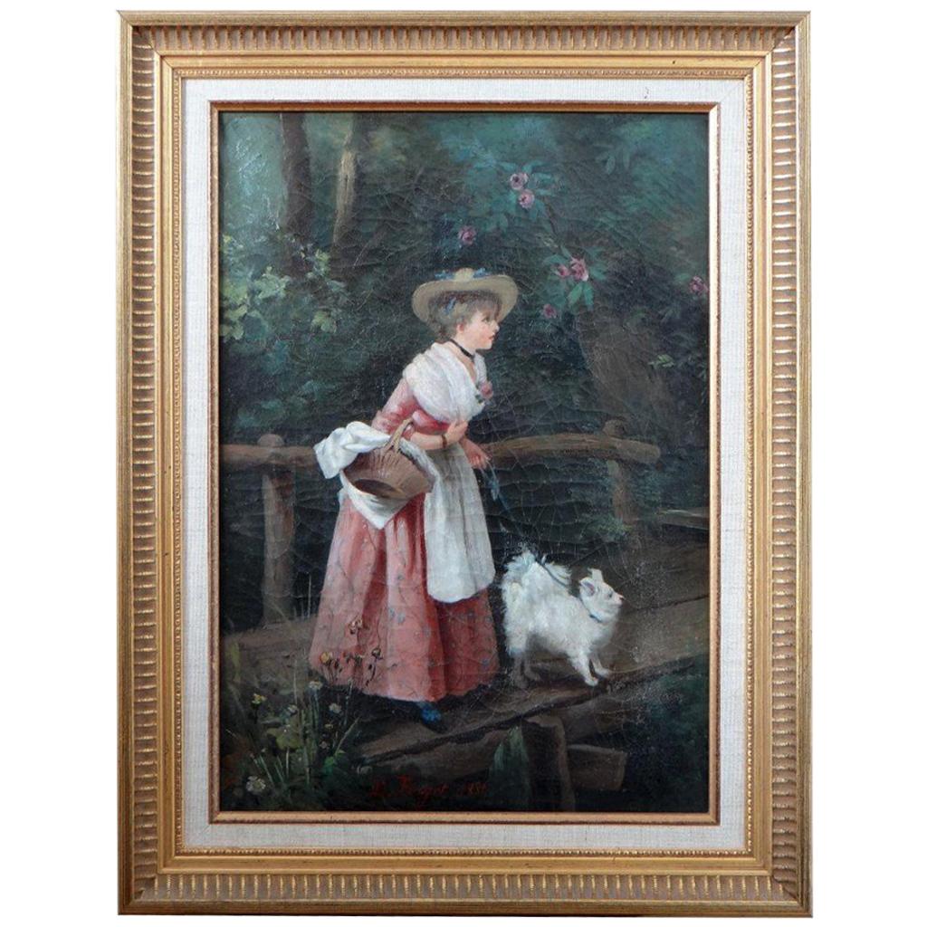 Painting, Late 19th Century Depicting a Young Woman and Her Dog, 1886 For Sale
