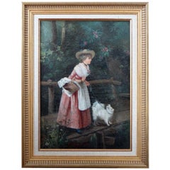 Painting, Late 19th Century Depicting a Young Woman and Her Dog, 1886