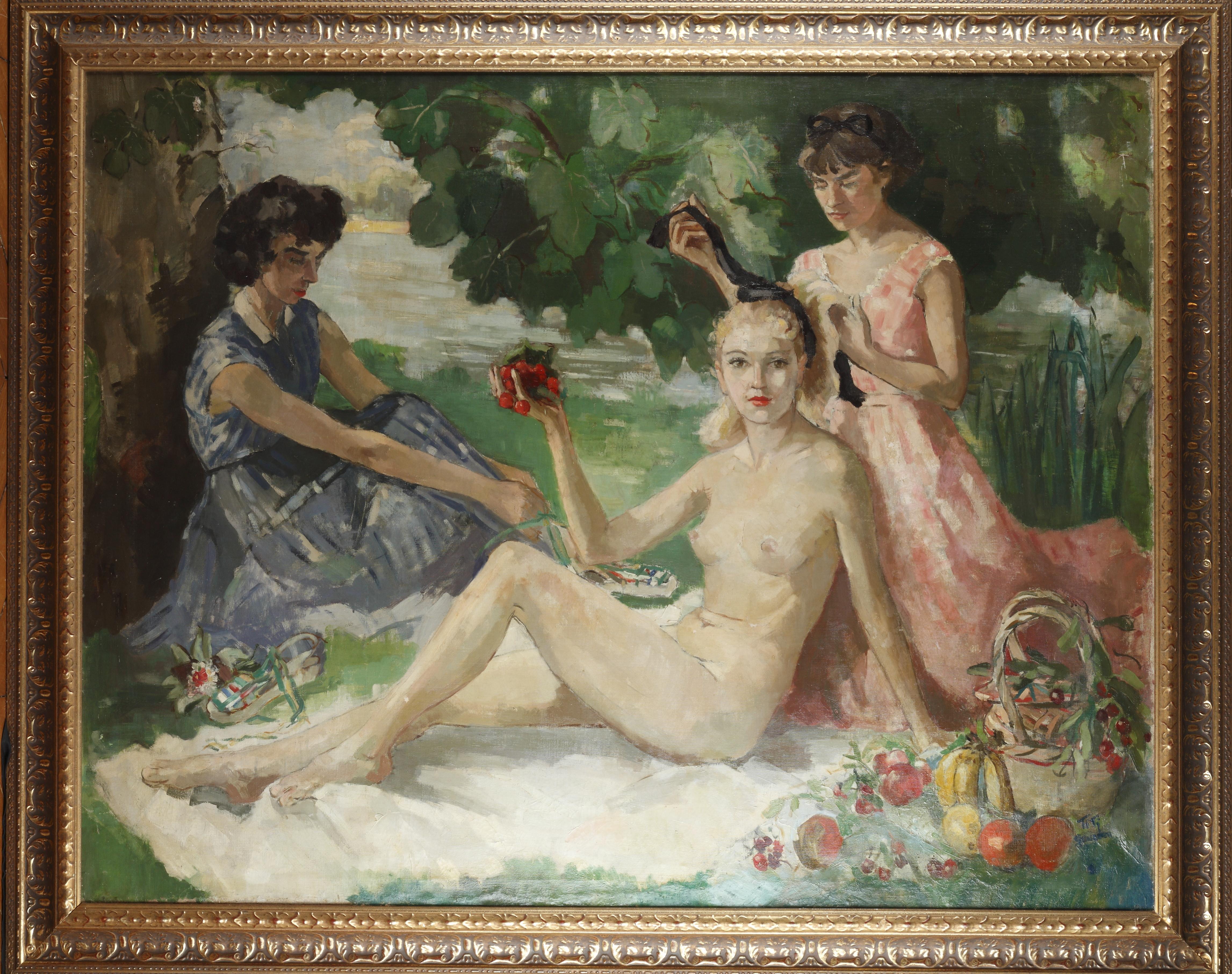 Bedeutendes Gemälde, das eine Gruppe von drei Frauen, von denen eine nackt ist, beim Mittagessen an einem Fluss zeigt.
Im Vordergrund, in der Nähe eines Obstkorbs, sitzt eine nackte Frau auf einem weißen Handtuch, hält einen Strauß Kirschen in der