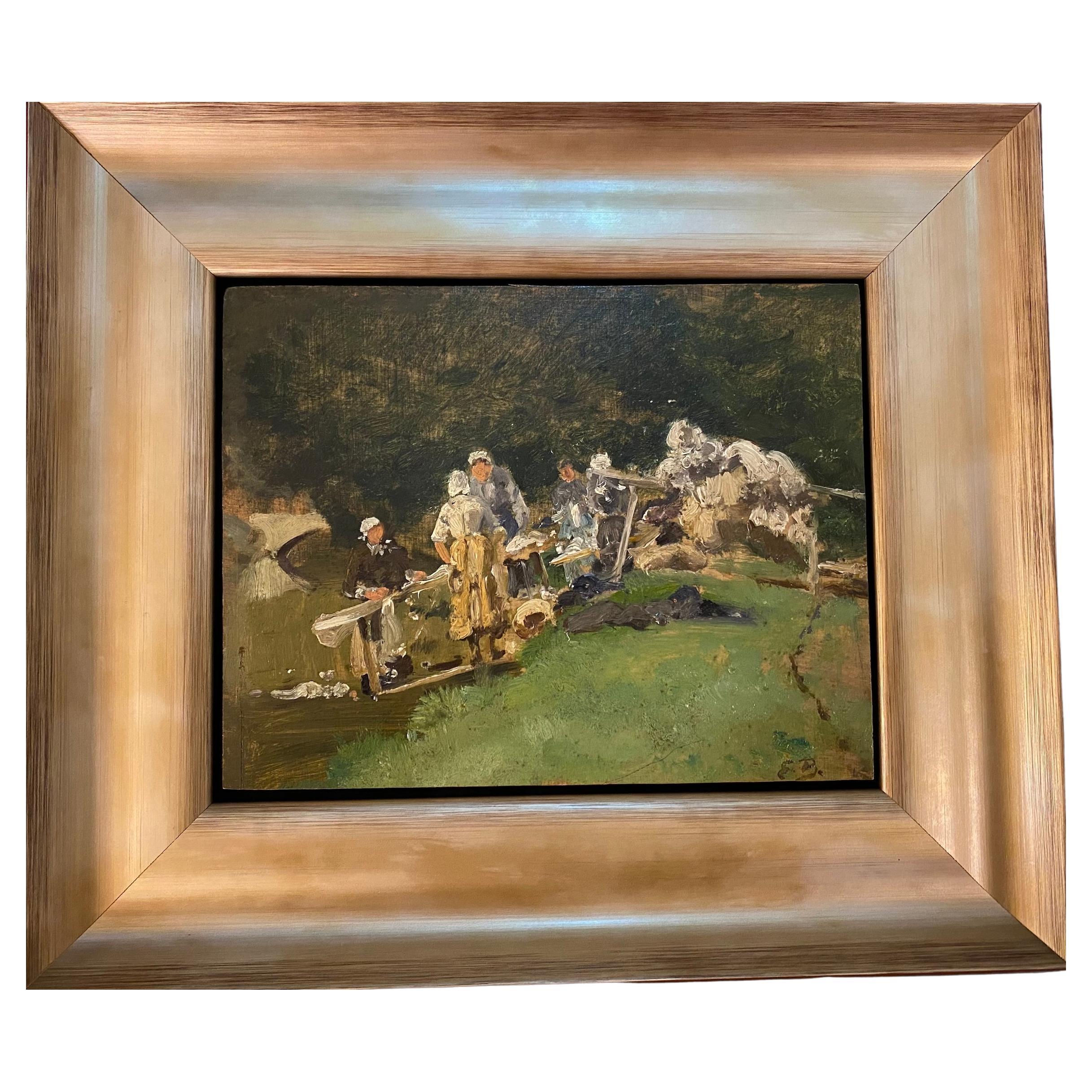 Peinture impressionniste « Les Lavandieres » Monogramme E.B, période France 1883 en vente