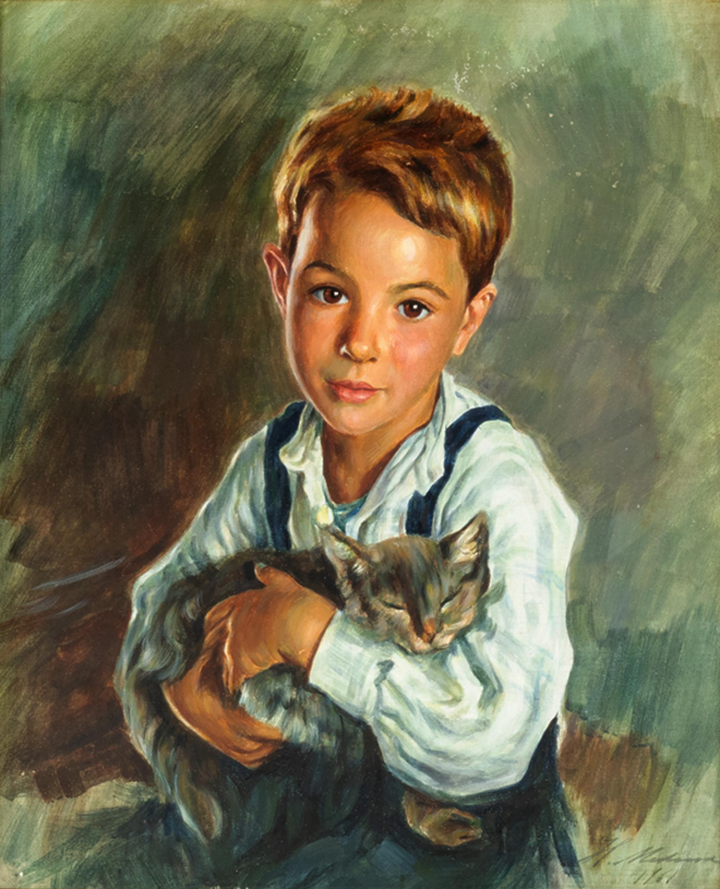 Gemälde „Little Boy With The Cat“ von Henrique Medina, 1961  (20. Jahrhundert) im Angebot