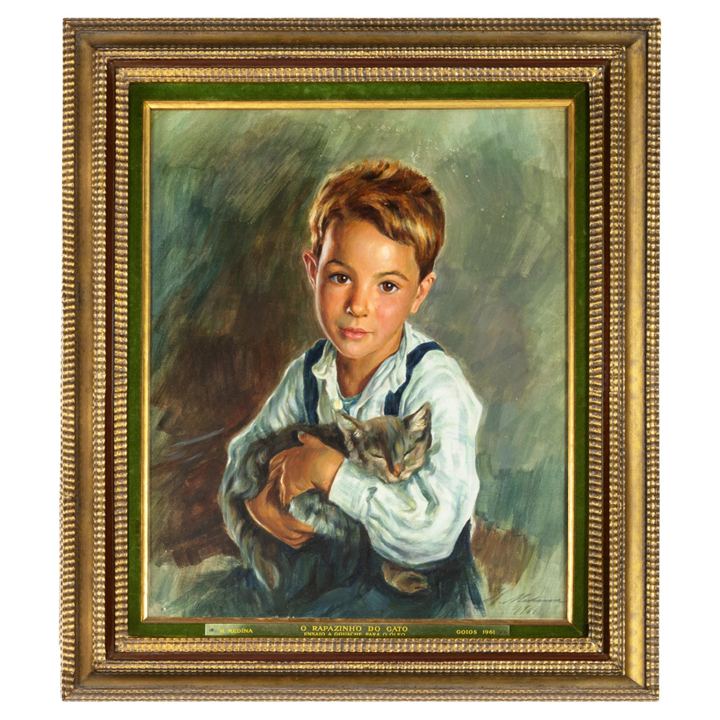 Painting Little Boy With The Cat By Henrique Medina, 1961  For Sale