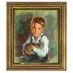 Vintage Painting Little Boy With The Cat By Henrique Medina, 1961 