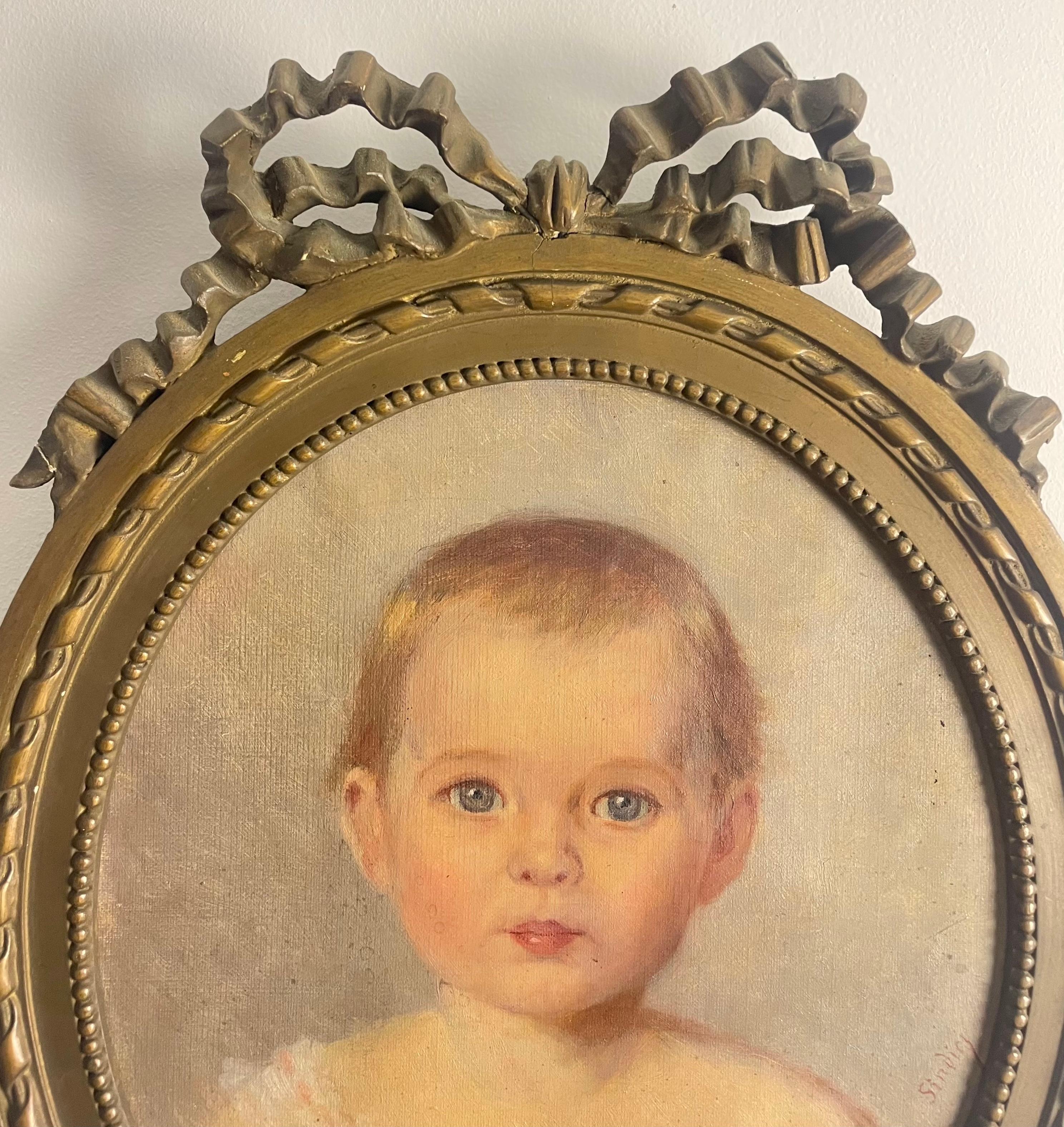 Painted Portrait of baby / young child -Painting - Oil on canva - Framed - 19th France.  For Sale