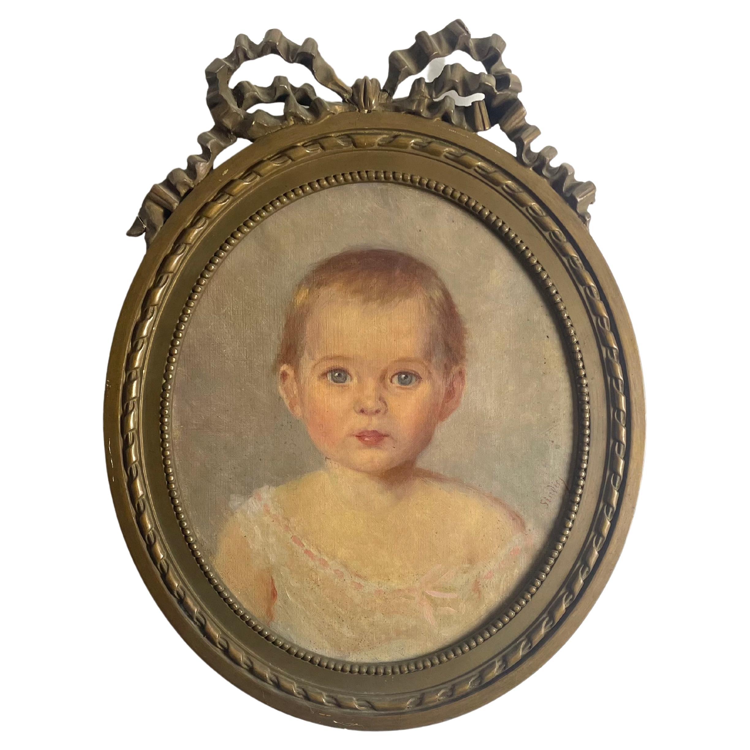 Portrait d'un bébé/un jeune enfant - Peinture - Huile sur toile - Encadrée - 19e France.  en vente