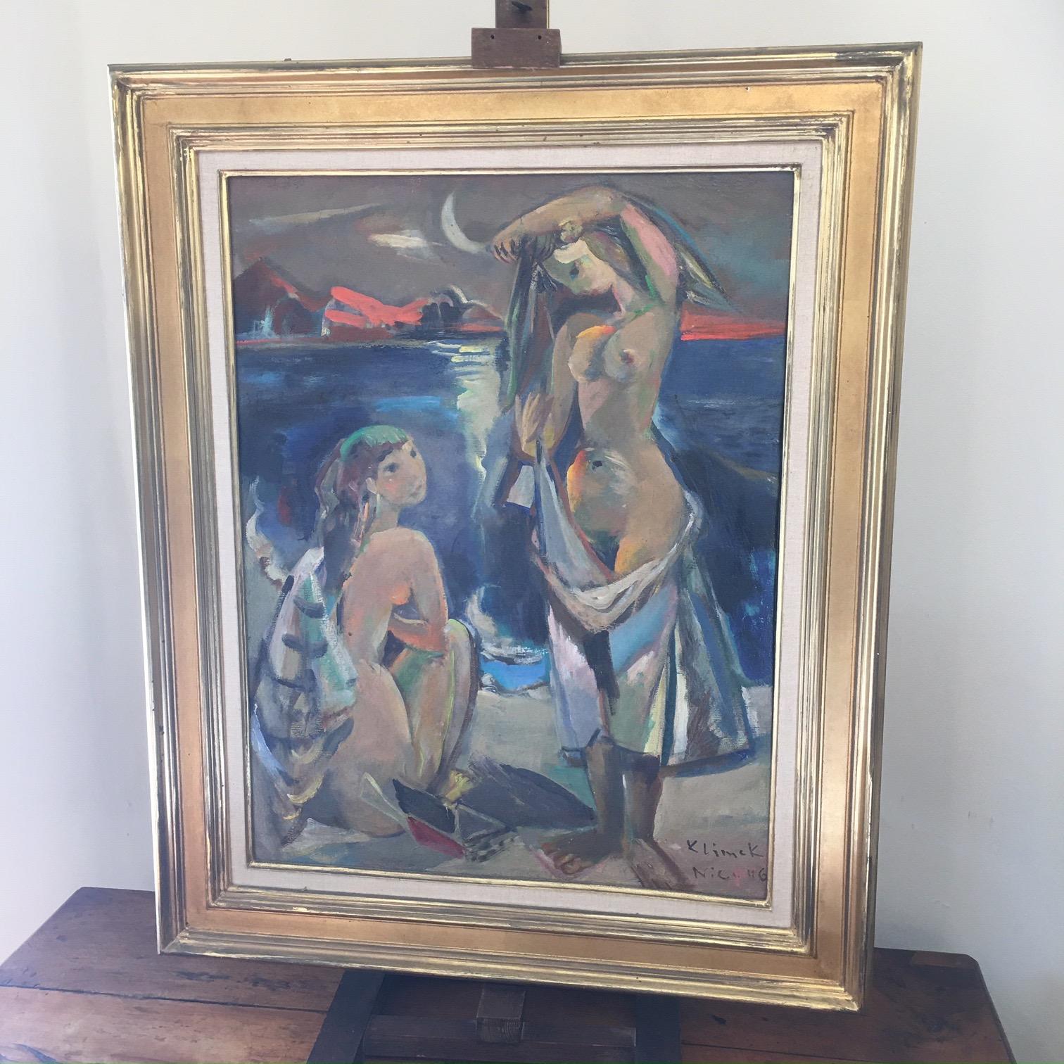 French Painting Ludwig Klimek, Bathers in the Bay of Nice For Sale