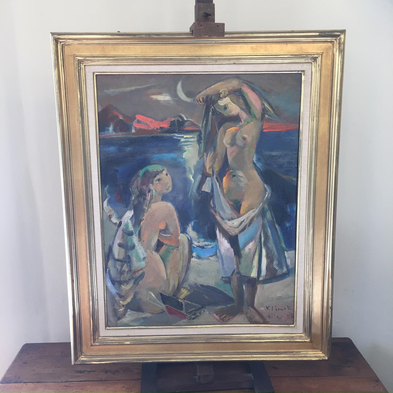 Painted Painting Ludwig Klimek, Bathers in the Bay of Nice For Sale