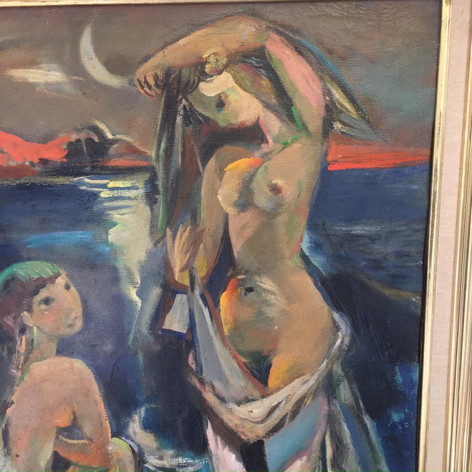 20th Century Painting Ludwig Klimek, Bathers in the Bay of Nice For Sale