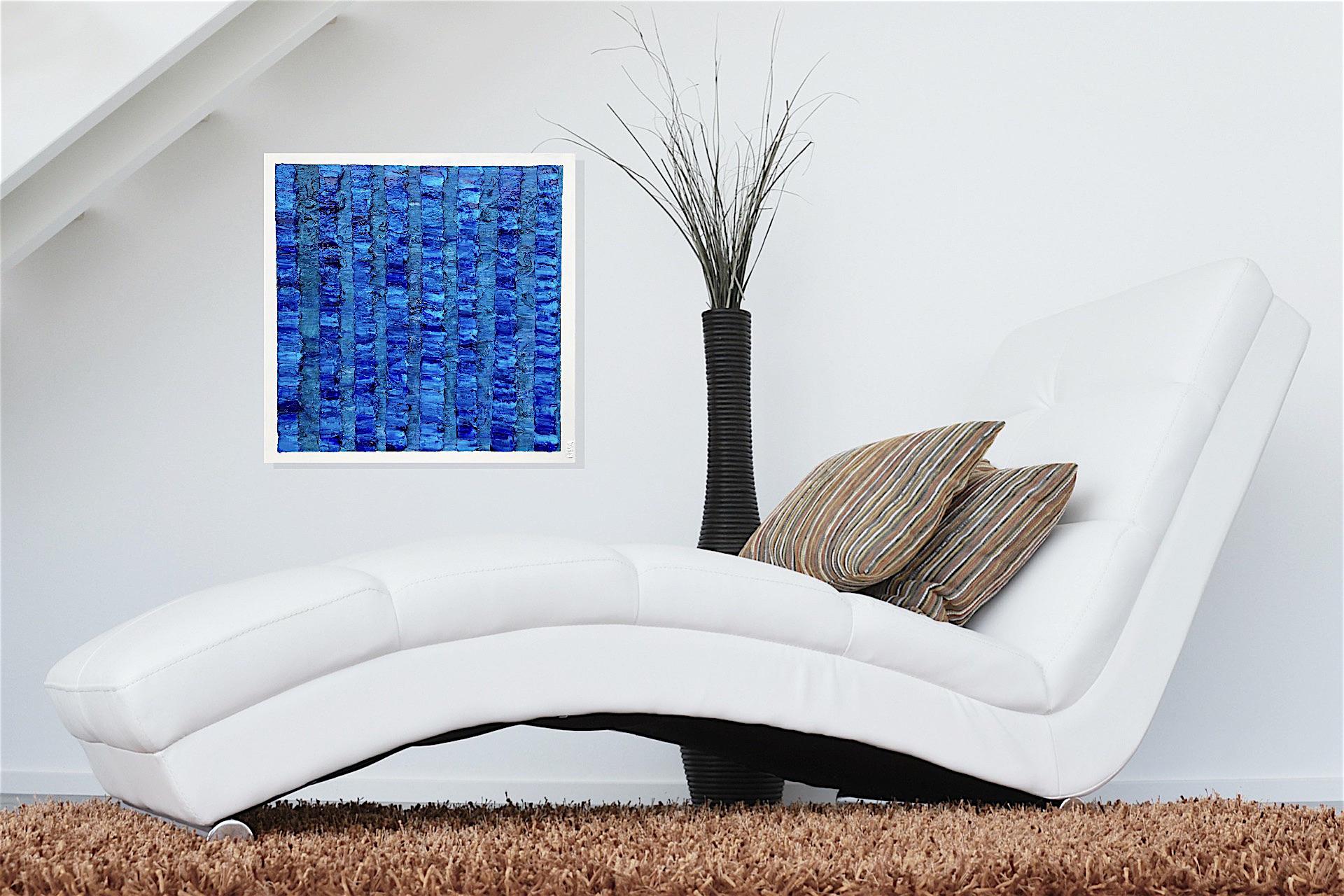 British Painting Marina 9 by Liora Textured Square Blue Abstract Canvas Contemporary  For Sale