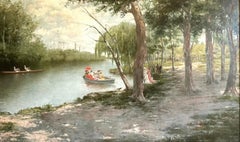 Painting: Mc (?), Boating, Leisurely Afternoon in the Park, oil/canvas