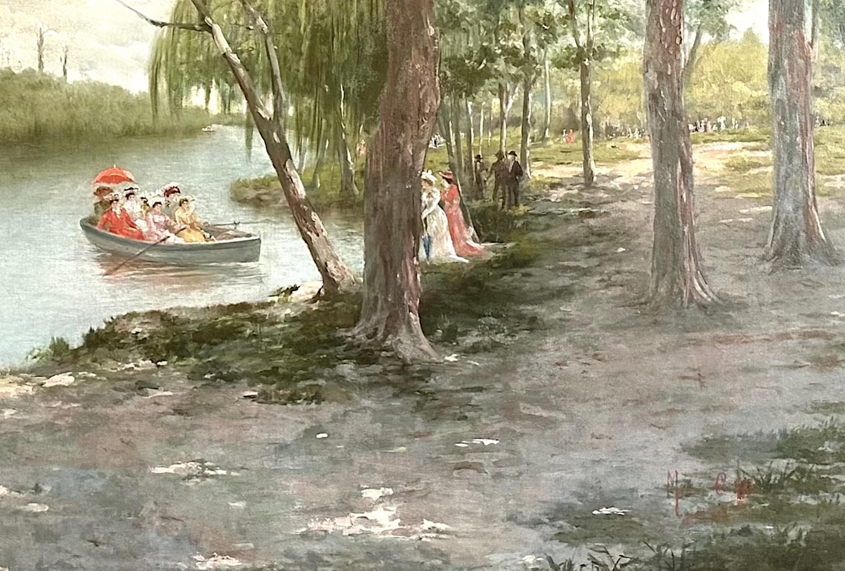 Painting: Mc (?), Boating, Leisurely Afternoon in the Park, oil/canvas In Good Condition For Sale In West Palm Beach, FL