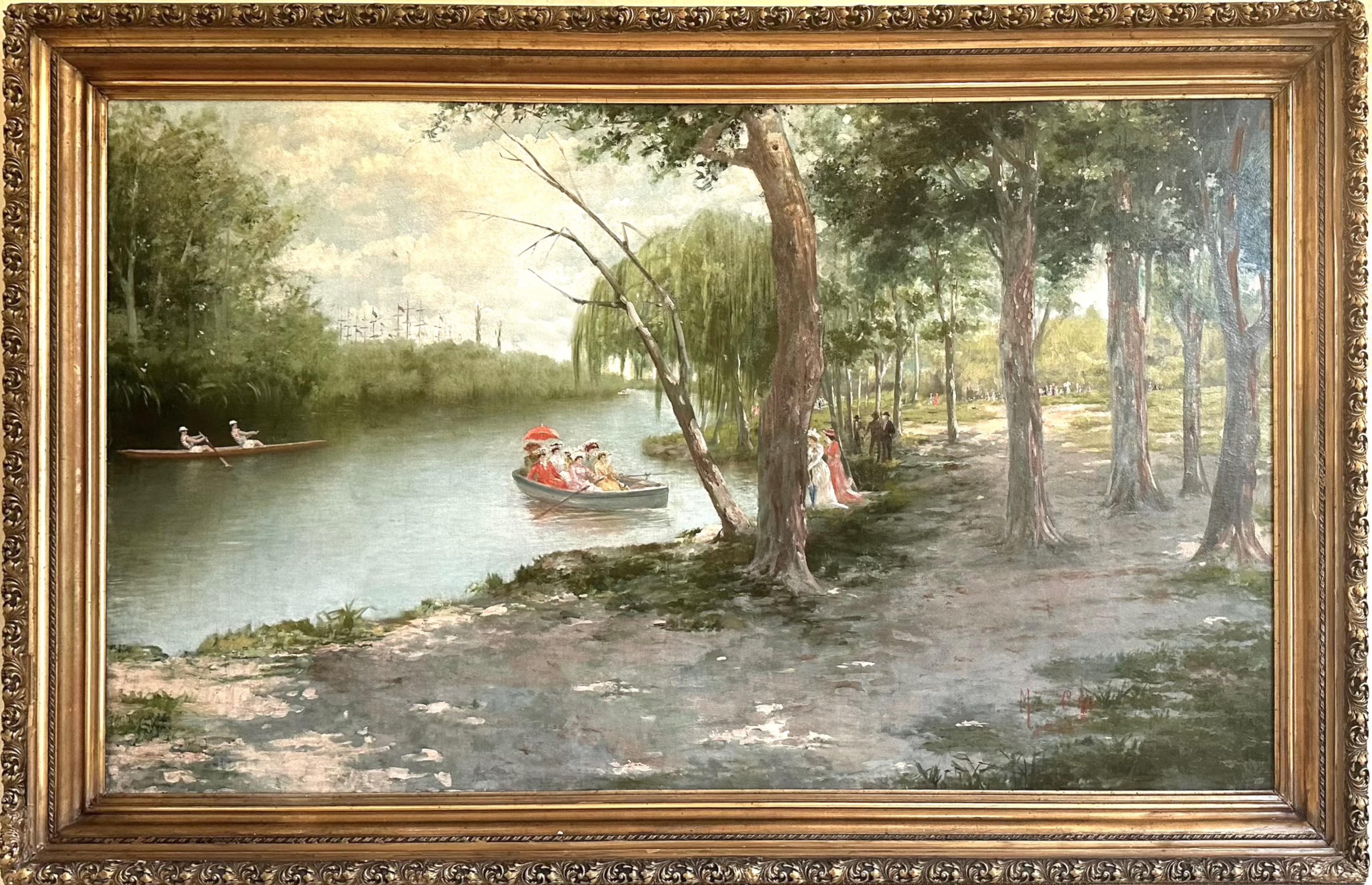 20th Century Painting: Mc (?), Boating, Leisurely Afternoon in the Park, oil/canvas For Sale
