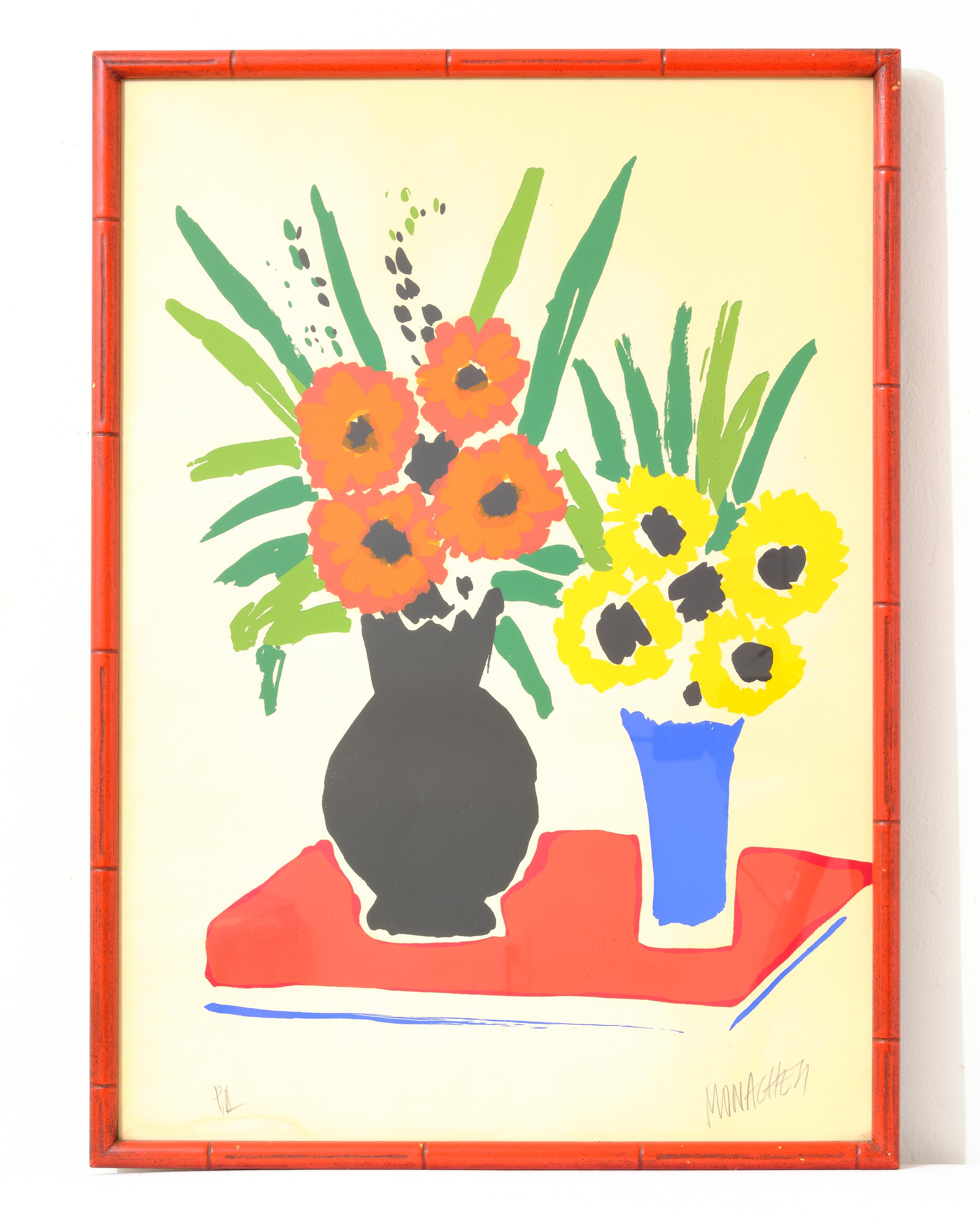 Beautiful midcentury painting. A very decorative color collage of flowers. The painting is signed PL and named Monachez.
The painting has a red original frame. The painting has a water stain on the lower left corner under the signature PL,