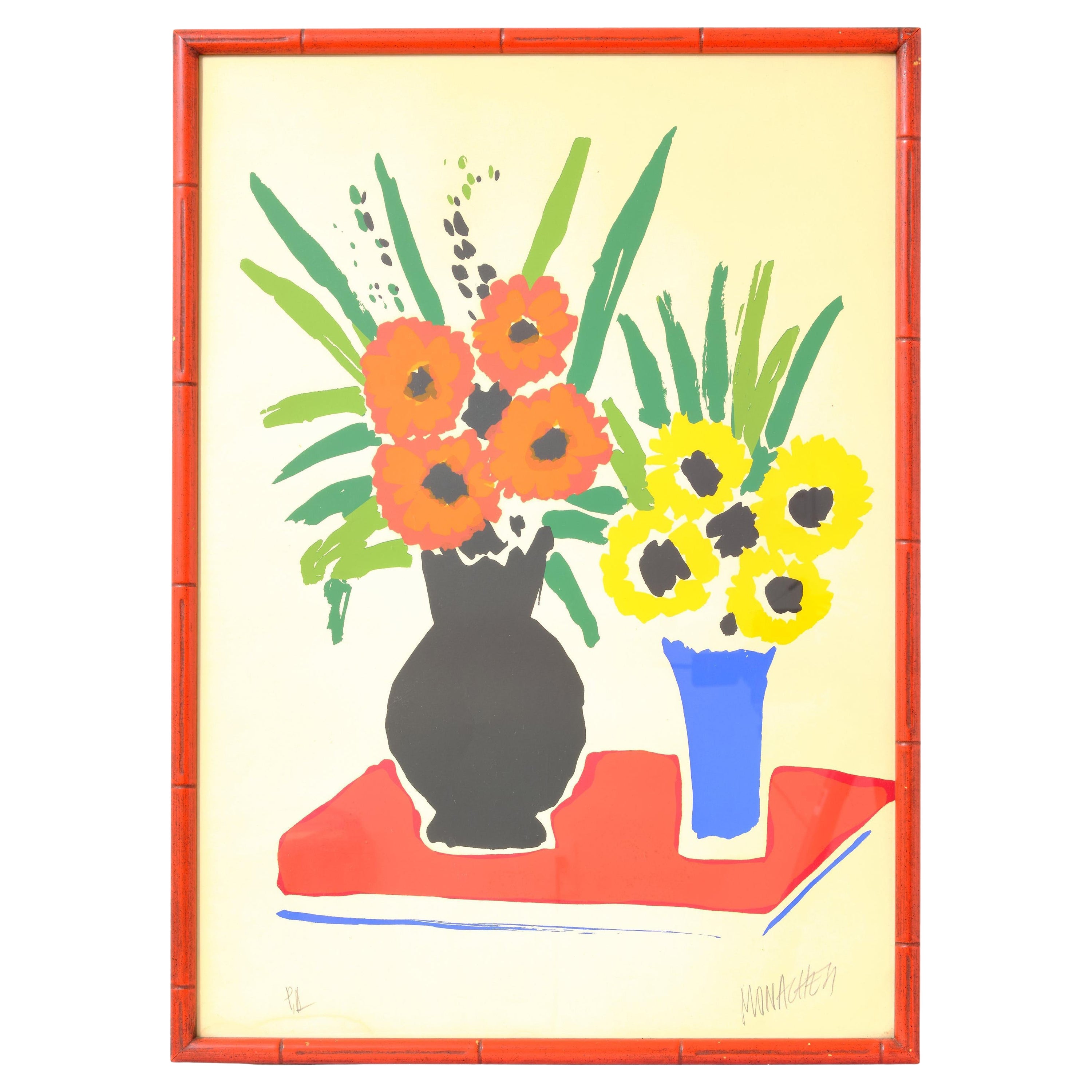 Gemälde, Mitte des Jahrhunderts, Farbcollage eines Blumenmotivs, signiert, um 1950, auf Papier