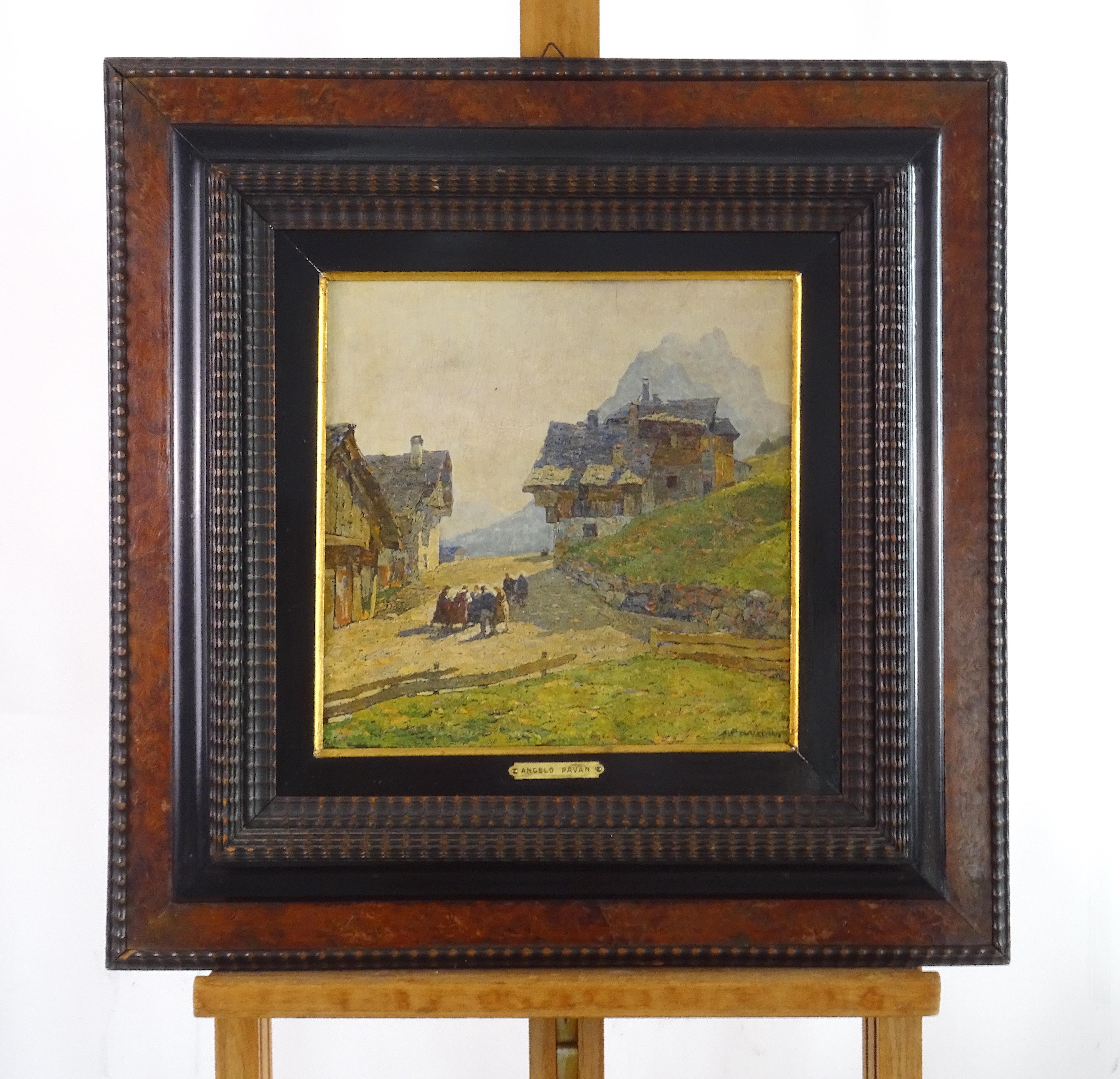 Oil painting on a plywood panel, depicting a mountain view with houses and figures in the foreground.
The pictorial drafting is characterised by a very textured painting composed almost of 'tesserae' of colour, identifying the artist Pavan's