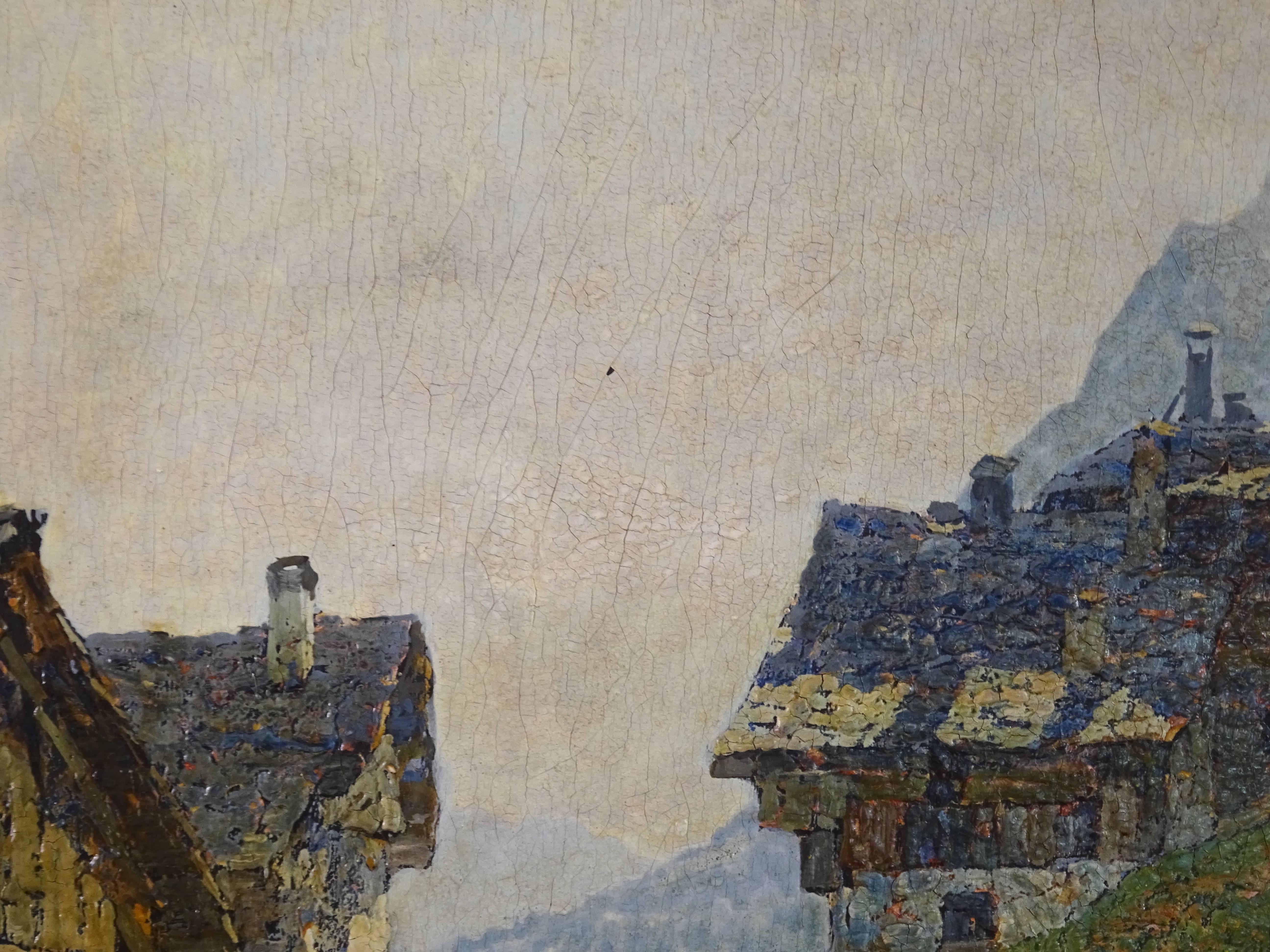 Patinated Painting 'Mountain Landscape' circa 1920, Angelo Pavan For Sale
