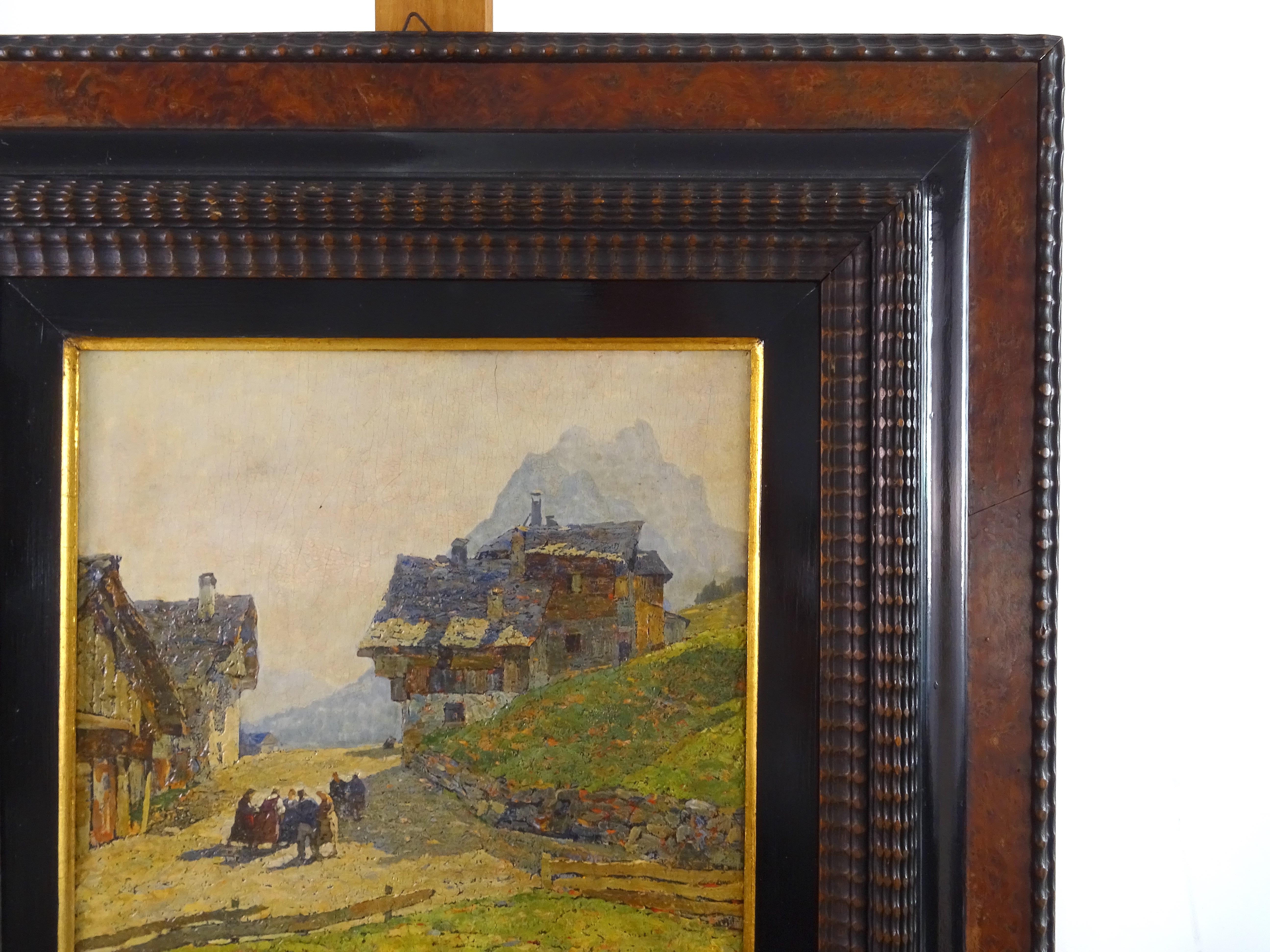 Wood Painting 'Mountain Landscape' circa 1920, Angelo Pavan For Sale