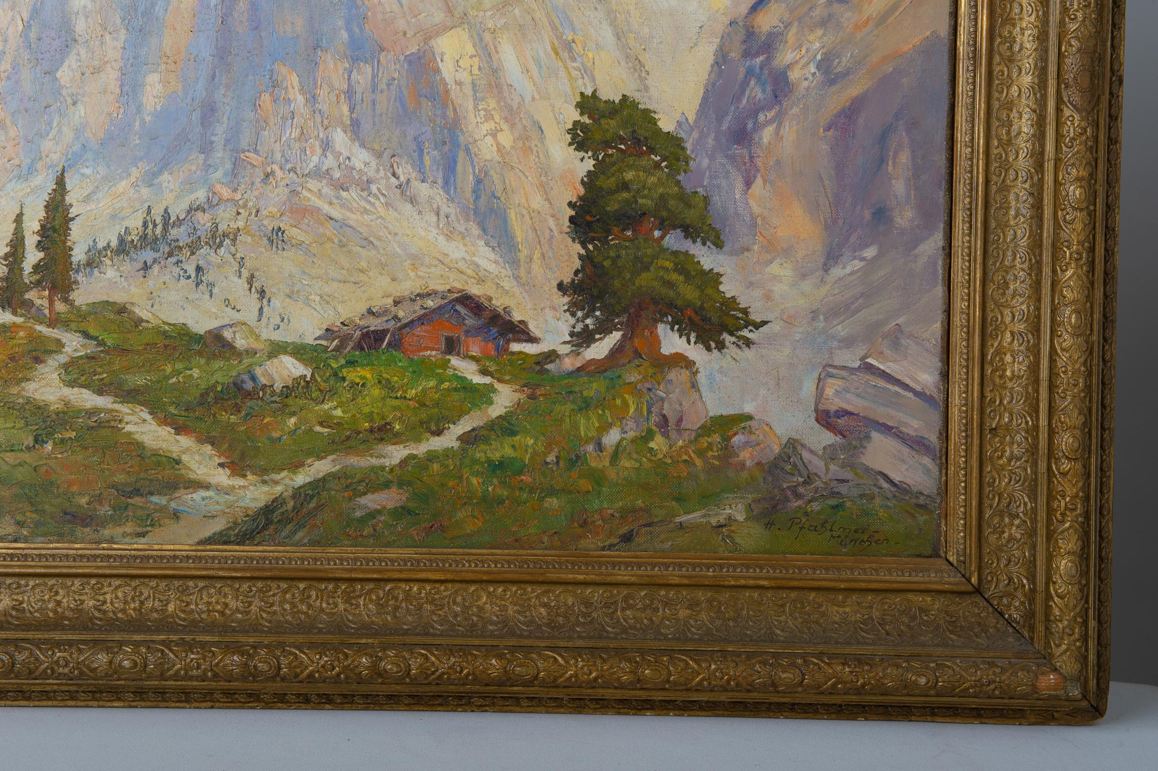 O/5151 - Peinture ancienne représentant un paysage de montagne, signée Hugo Pfahlmer, descendant d'une noble famille de peintres. École allemande.
Avec son cadre d'origine.