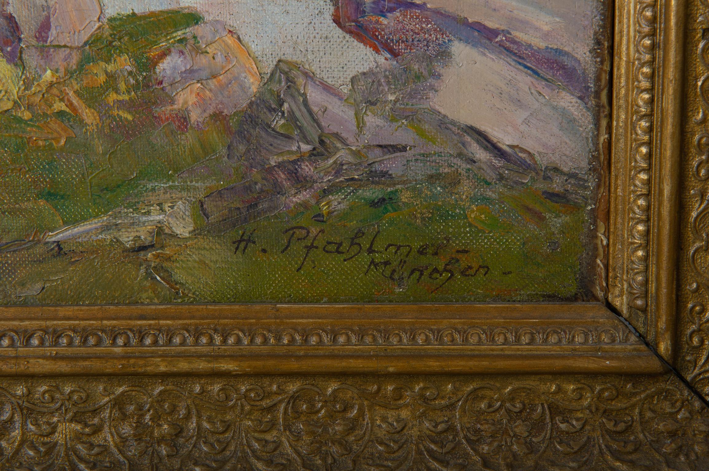 Allemand Peinture allemande  Avec paysage de montagne en vente