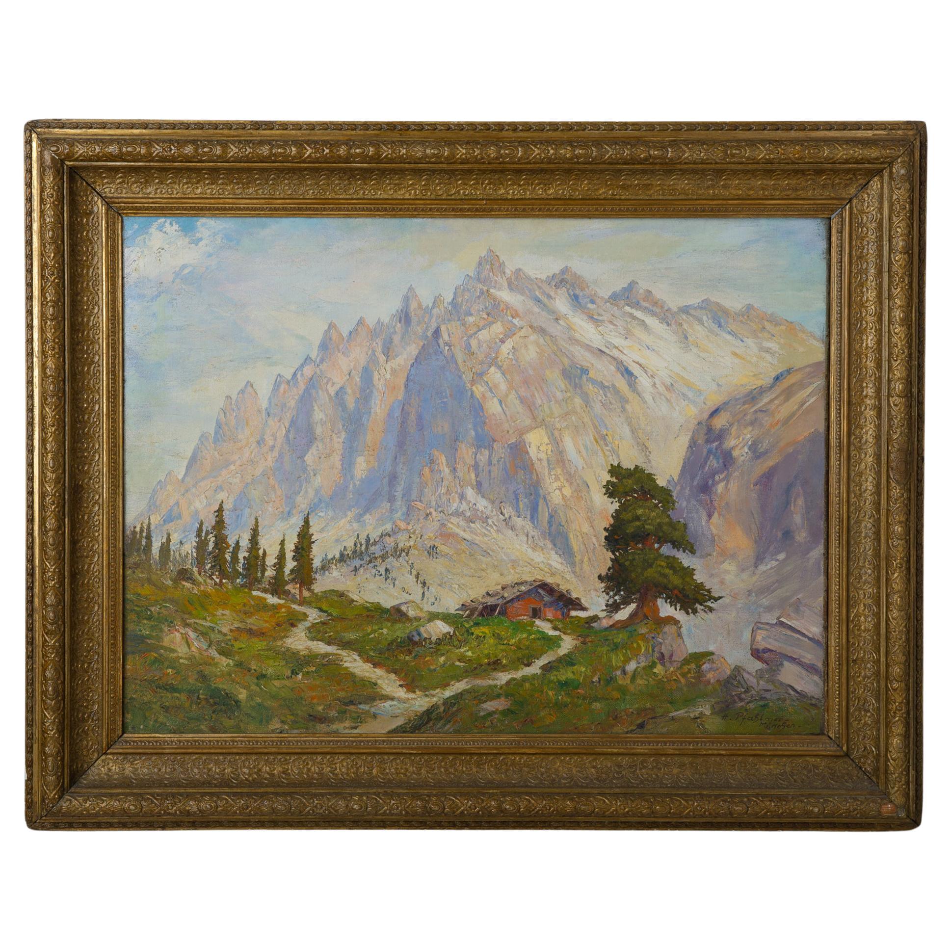 Peinture allemande  Avec paysage de montagne en vente