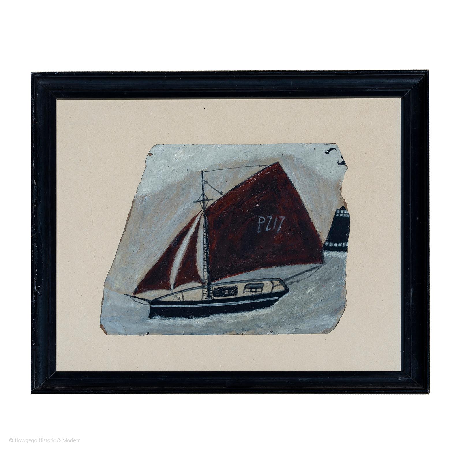 English Painting Naive Oil Four Cornish Lugger Spirit of Alfred Wallis For Sale