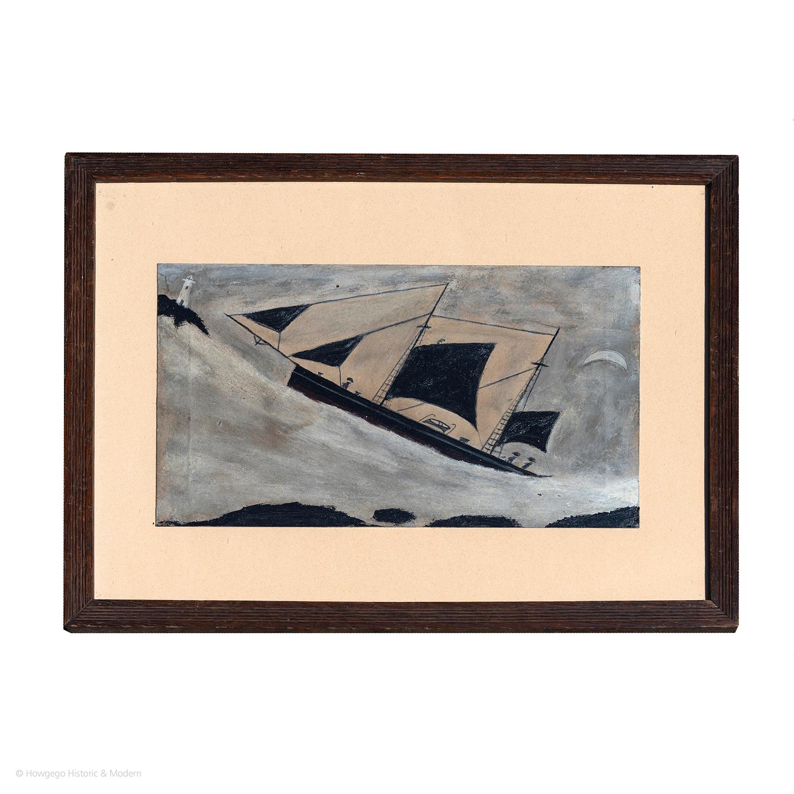 Painting Naive Oil Four Cornish Lugger Spirit of Alfred Wallis In Good Condition For Sale In BUNGAY, SUFFOLK