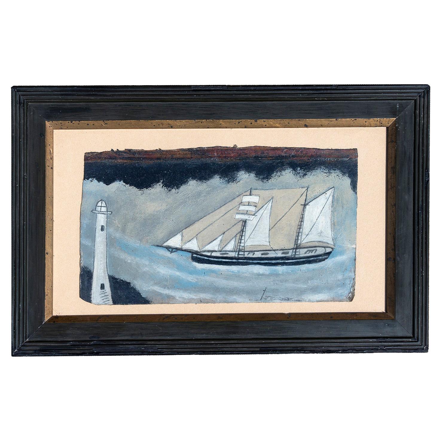 Painting Naive Oil Four Cornish Lugger Spirit of Alfred Wallis For Sale