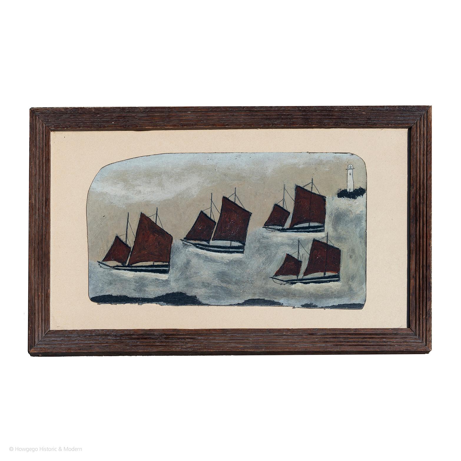 Four Cornish luggers with a lighthouse on the horizon
Oil on cardboard
Characterful naive picture in the spirit of Alfred Wallis

Measures: Board length 28cm., 11