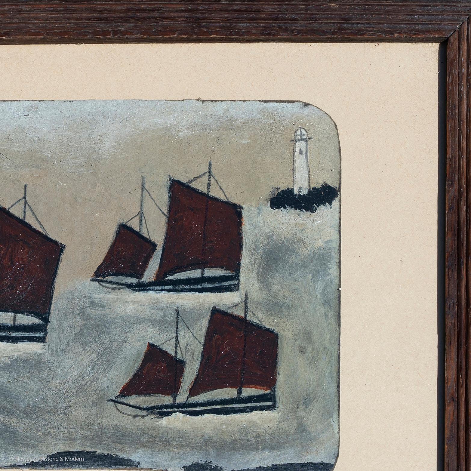 English Painting Naive Oil Four Cornish Luggers Spirit of Alfred Wallis For Sale