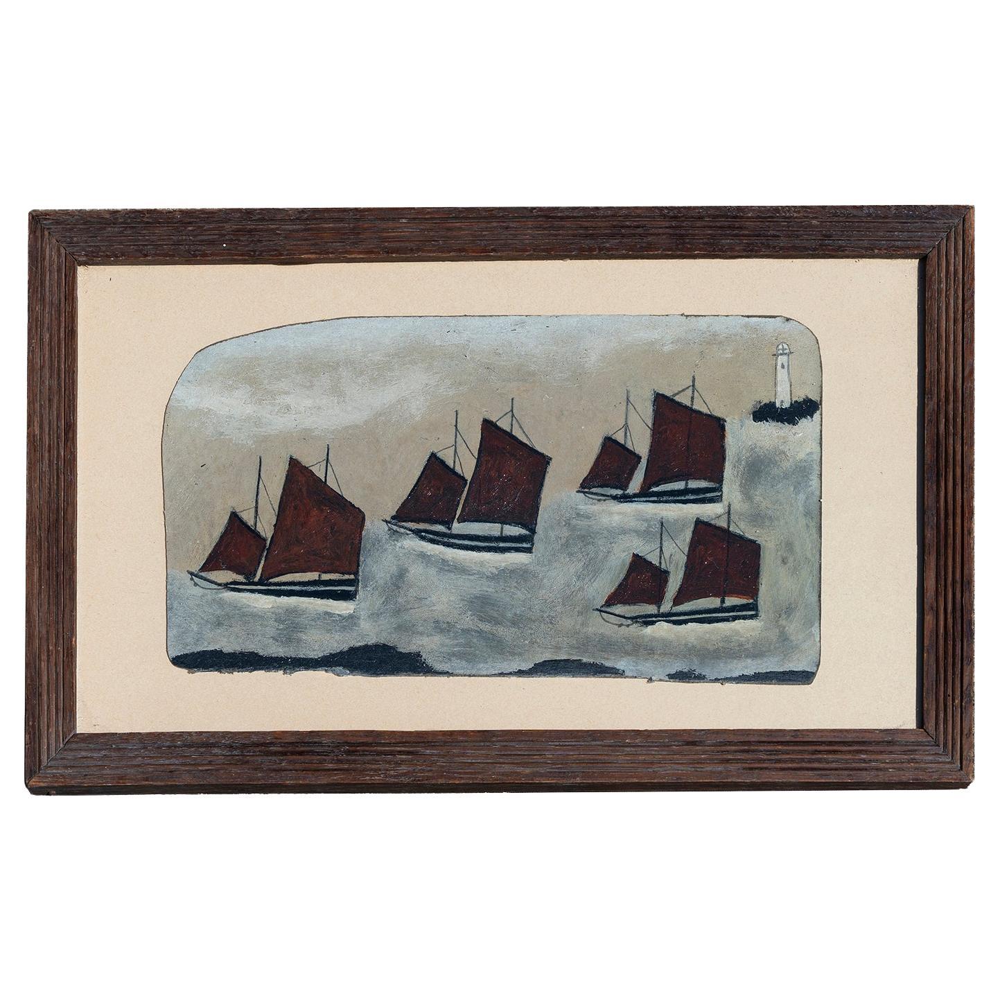 Painting Naive Oil Four Cornish Luggers Spirit of Alfred Wallis For Sale