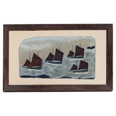 Painting Naive Oil Four Cornish Luggers Spirit of Alfred Wallis