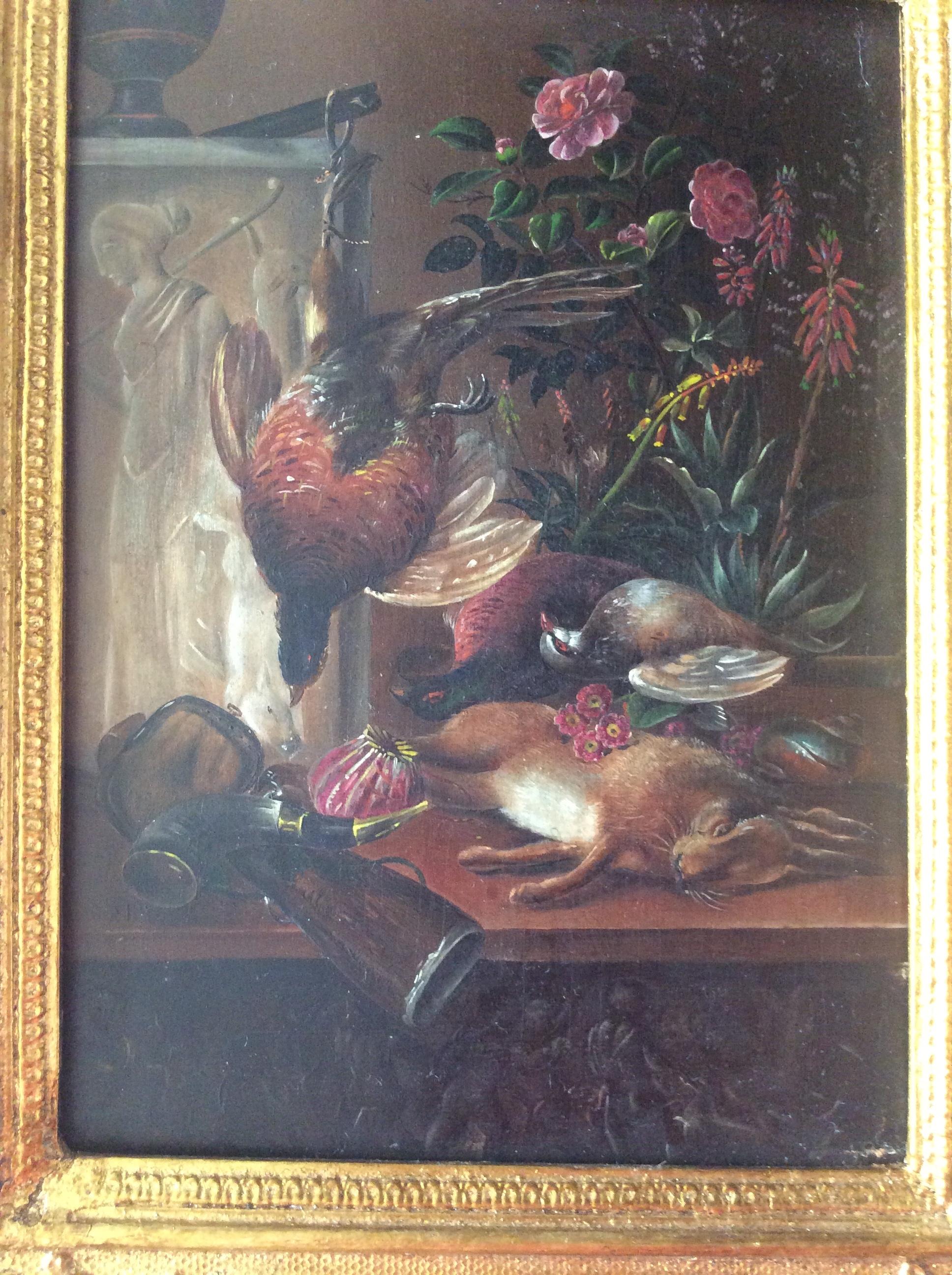 Painting nature morte, painted on wood Danish in still of
I. L. Jensen born 1800-1856. Flowers, birds and hare, Greek vase and relief: painting without frame W 14, H 19, D 1 cm- framed: W 21, H 27, D 3.