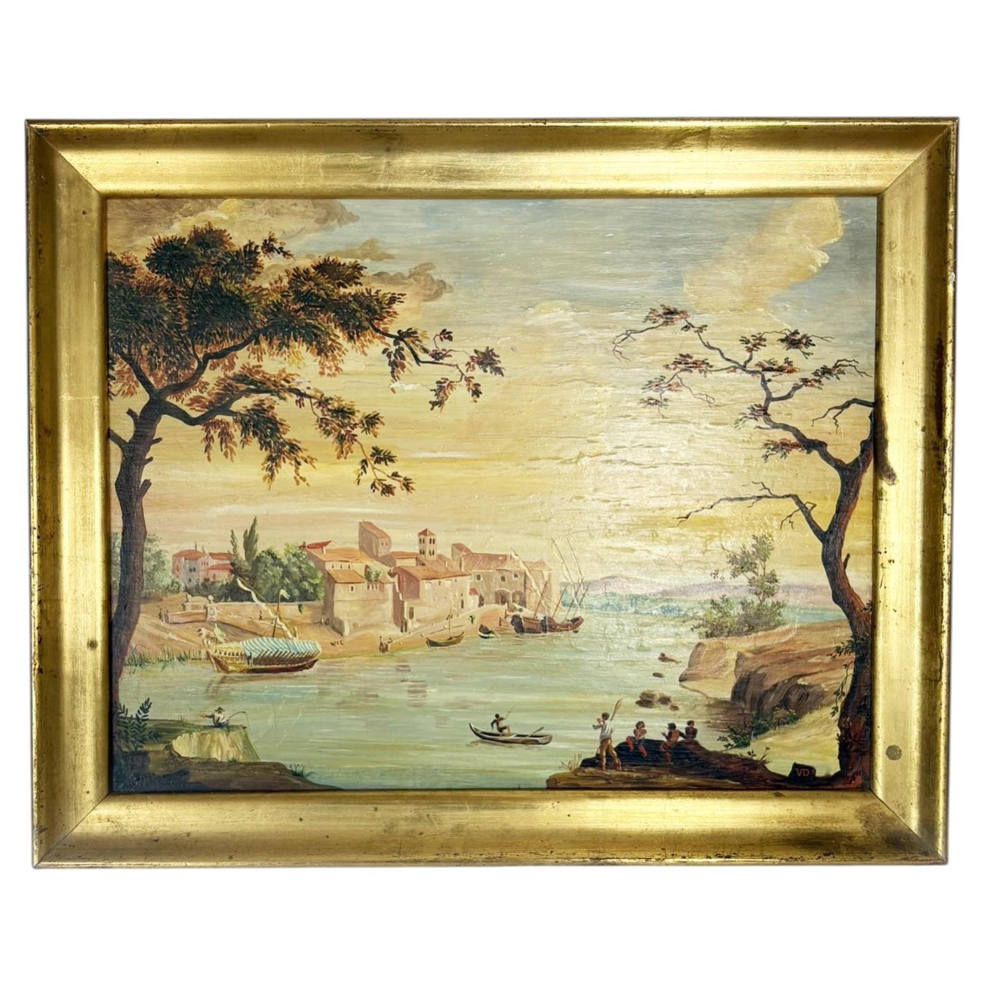 Painting of a boat scene, oil on panel, signed, France, early 20th century