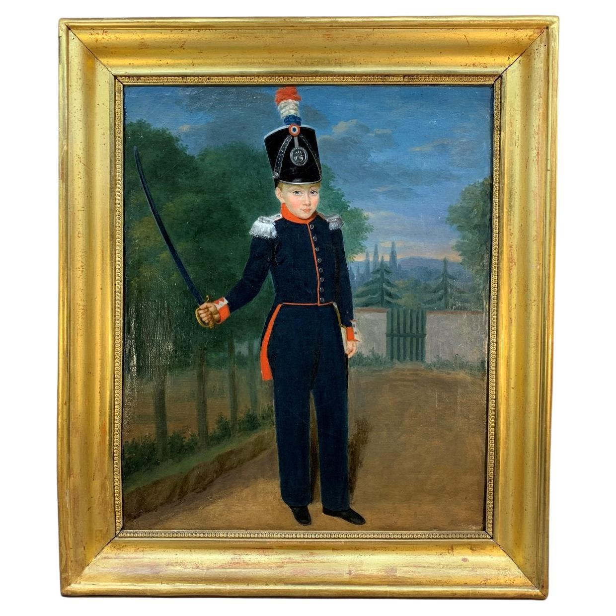 Painting of a child in military costume.

 Beautiful oil on canvas of a portrait of a child in military costume of the 19th century, Louis Philippe period.
Dimensions: H 55,5cm, d: 47cm
ref: 3358