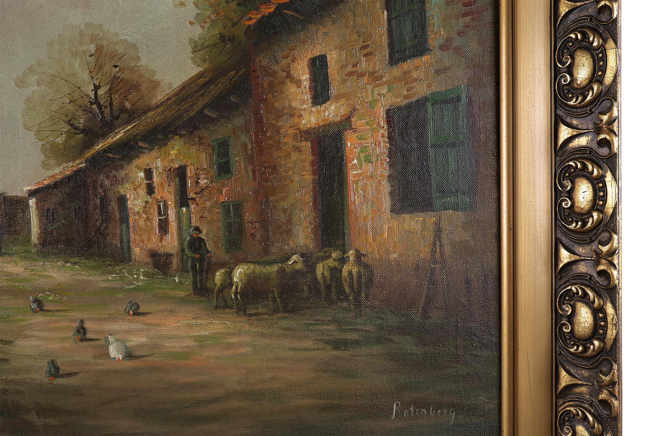 Rustico Quadro di una fattoria con cornice in legno dorato, Francia, 1920 ca. 1920 in vendita